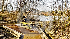 Senior Woman resting on a wooden bench  on the hiking the trail from Poplar Bar to Two-bit Bar in Glen Valley Regional Park