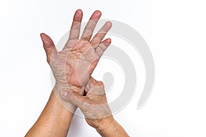 Senior woman`s hand checking heart rate pulse  on white background