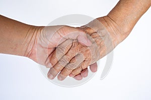 Senior woman`s hand holding daughter`s hand  on white background, Close up shot, Asian Body concept