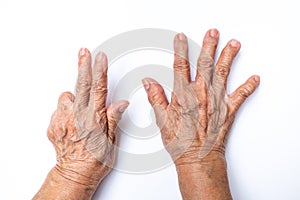 Senior woman`s hands  counting 8  on white background, Numbers 1-10 in sign language concept