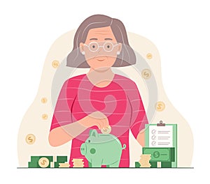 Senior Woman Saving Money with Piggy Bank for Financial Concept Illustration