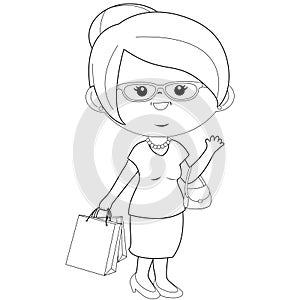 Senior woman with shopping bags. Old lady with paper shopping bags. Vector black and white coloring page.