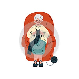 Senior Woman Sitting in Armchair and Knitting, Old Lady Daily Activity Vector Illustration