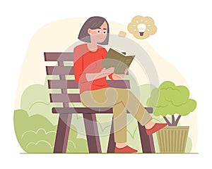 Senior Woman Sitting on Bench in Garden and Reading a Book