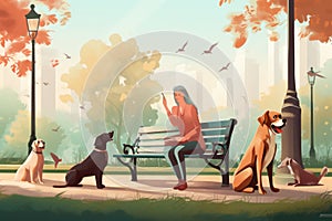 Senior woman sitting on bench with her dogs in park. Vector illustration, Dog walker sitting on bench and enjoying in park with