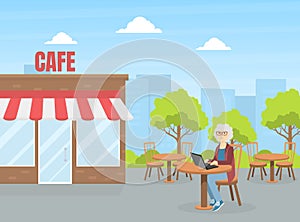 Senior Woman Sitting in Cafe and Using Laptop, Elderly People Active Lifestyle Vector Illustration