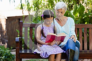 Senior woman sitting by girl reading book on wooden bench