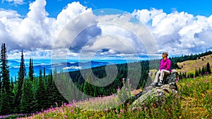 Senior woman sitting on a large rock in the alpine meadows covered in wildflowers