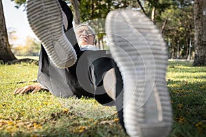 Senior woman slipped down,fell on the ground,old people who suffered an accident,injury in the back,butt pain,bone fracture,