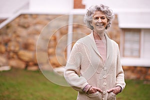 Senior woman, smile and portrait in garden with happiness, backyard and patio with mockup space. Elderly female person