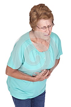 Senior Woman Stomach Ache Heartburn Pain Isolated