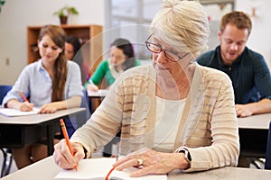 Senior woman studying at an adult education class photo