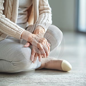 Senior woman suffering from knee pain indoor