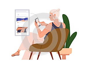 Senior woman surfing online, social media network. Old lady using internet on mobile phone. Modern elderly female