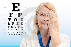 Senior woman testing vision.