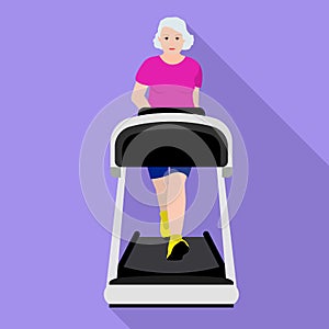 Senior woman treadmill icon, flat style