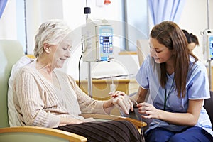 Senior Woman Undergoing Chemotherapy With Nurse