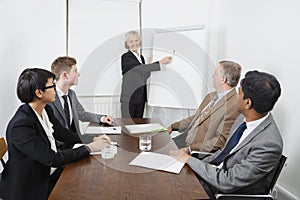 Senior woman using whiteboard in business meeting