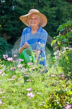 Senior Woman Watering Flower Plants at the Garden