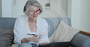 Senior woman wearing glasses spending money in internet websites and stores