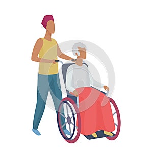 Senior woman in wheelchair with careful young man volunteer abstract style vector illustration.