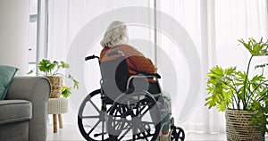 Senior woman, wheelchair and window for thinking, ideas or memory in living room, house or retirement. Elderly lady