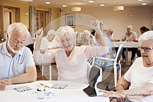 Senior Woman Winning Game Of Bingo In Retirement Home