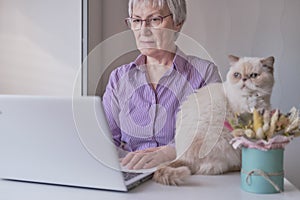 Senior woman working on laptop at home or uses some online services or buys something