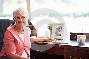 Senior Woman Writing Memoirs In Book At Desk photo