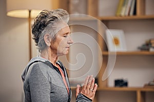 Senior woman, yoga and calm meditation in spiritual wellness for zen, exercise or peaceful at home. Elderly female