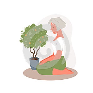 Senior woman in yoga meditation, old person training, elderly lady sitting to meditate
