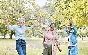 Senior women, dancing or music headphones in silent disco, retirement fun or energy movement in bonding wellness. Smile