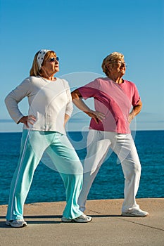 Senior women doing exercise outdoors. photo
