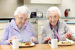 Senior women enjoying meal together at home