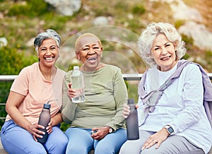 Senior women, fitness or portrait of friends in outdoor activity together for health or exercise in retirement. Support