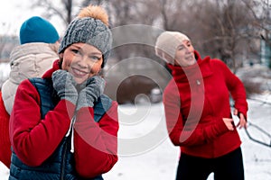 Senior Women Friends Dancing In Park . Active Lifestyle And Friendship at Middle Age photo