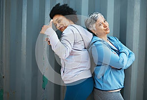 Senior, women and friends, portrait and fitness, arms crossed with thumbs up pose and playful outdoor. Female people