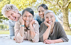 Senior women and friends portrait on picnic in park for bonding, wellness and relaxing lifestyle. Happiness, joy and