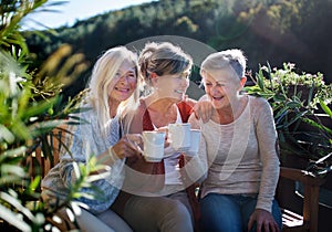 Senior women friends sitting outdoors on terrace, resting.