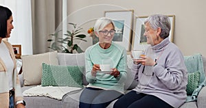Senior women, friends and toast with tea, party and happy for celebration, love or bonding on sofa in retirement. Group