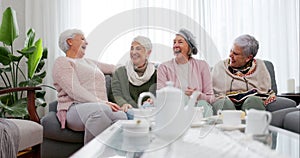 Senior women, funny and friends in home living room, bonding and laughing together. Happy, elderly group and people on