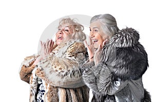 senior women in fur coats isolated on white background