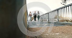 Senior women group, bridge and fitness with power walk, jog or training together for health in retirement. Elderly lady