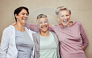 Senior women, group and laughing for fitness, workout or happiness of healthy lifestyle together. Mature female friends