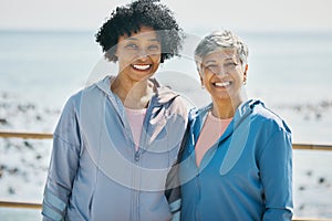 Senior women outdoor, portrait and fitness, smile with retirement and friends with health and wellness. Exercise