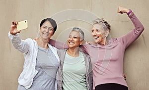 Senior women, phone selfie and strong fitness support together for arm exercise workout motivation, training wellness