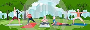 Senior women practicing yoga in green city park. Vector flat cartoon illustration. Concept of active healthy lifestyle