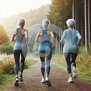 Senior women runners on sunny day in forest landscape