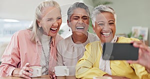 Senior women, selfie and laugh with coffee, smile or picture for memory of tea party. Female people, reunion or elderly
