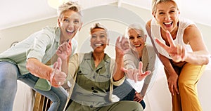 Senior women, smile and fun hand sign of elderly friends with happiness and funny hands gesture. Happy, comic and crazy